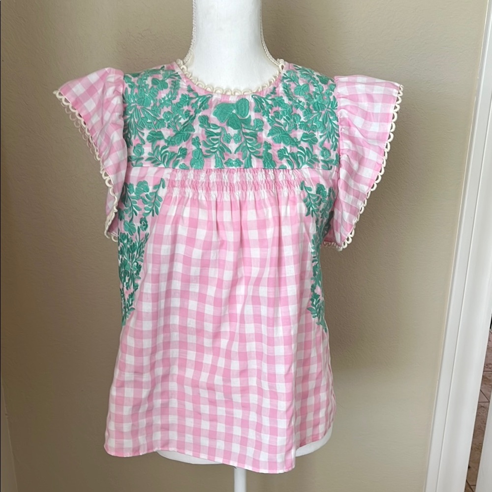 THML Pink Gingham Green Embroidered Top
